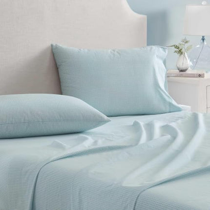 Martha Stewart - King Size Sheets Set, Crisp & Tailored Cooling Sheets w/a Naturally Smooth Cotton Percale Lightweight Feel - Bed Sheets with Matching Pillowcases & Fitted Sheet (Small Gingham Blue)