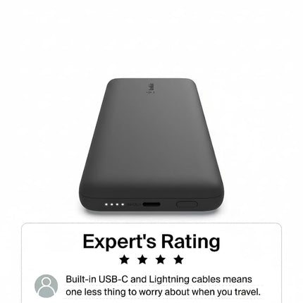 Belkin BOOSTCHARGE Portable Charger Power Bank 10000 mAh with Integrated Lightning (MFI) and USB-C Cables Plus USB-C Port, Compatible with iPhone 13, Pro, Pro Max, Mini, Galaxy S22, Ultra, Plus