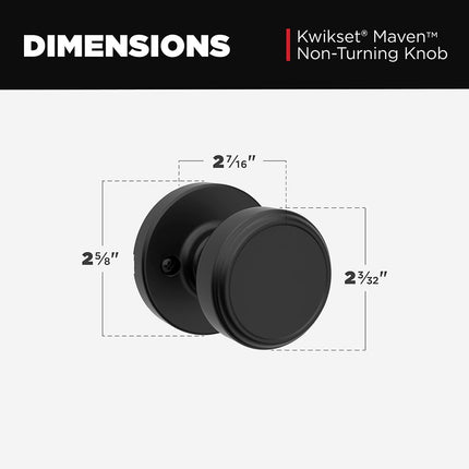 Kwikset Maven Dummy Door Knob, Single Sided Round Handle for Closets, French Double Doors, and Pantry, Matte Black Non-Turning Interior Push/Pull Door Knob, with Microban Protection