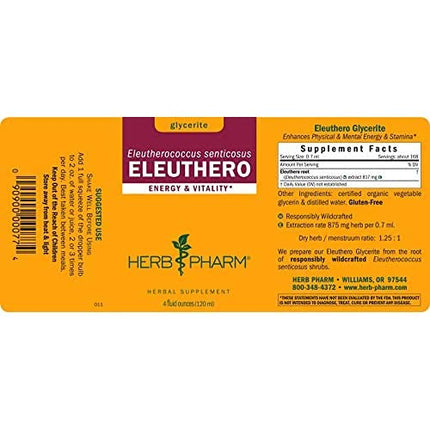 Herb Pharm Alcohol-Free Eleuthero (Siberian Ginseng) Root Glycerite for Energy and Stamina - 4 Ounce