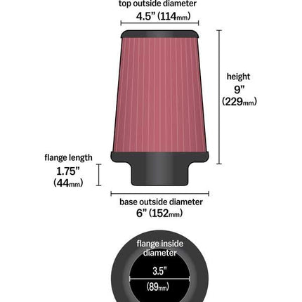 K&N Universal Clamp-On Air Filter: High Performance, Premium, Washable, Replacement Filter: Flange Diameter: 3.5 In, Filter Height: 9.0 In, Flange Length: 1.75 In, Shape: Round Tapered, RU-3690
