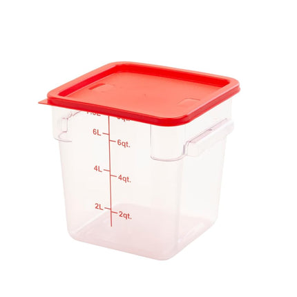 FSE Square Food Storage Container with Red Lid, 8 Quart, Polycarbonate, Reusable, Clear, NSF