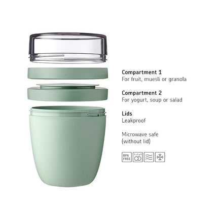 Mepal overnight oats jar - Practical Yoghurt Cup & Muesli Cup - Separate Compartments for Yoghurt & Muesli - Suitable for Freezer, Microwave & Dishwasher - 500 ml + 200 ml - Nordic Sage