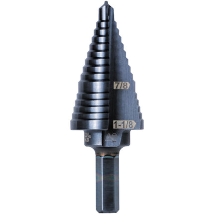 Klein Tools KTSB11 Broca escalonada 11 doble ranura de 7/8 a 1-1/8 pulgadas con marcas y objetivos fáciles de leer, vástago hexagonal de 3/8 pulgadas, negra