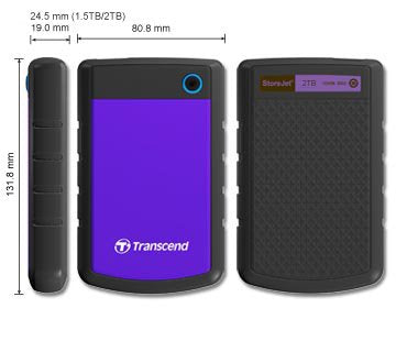 Transcend StoreJet 25H3 2TB Rugged Portable Hard Drive, Shock Resistant USB 3.1 Gen 1, Purple -TS2TSJ25H3P