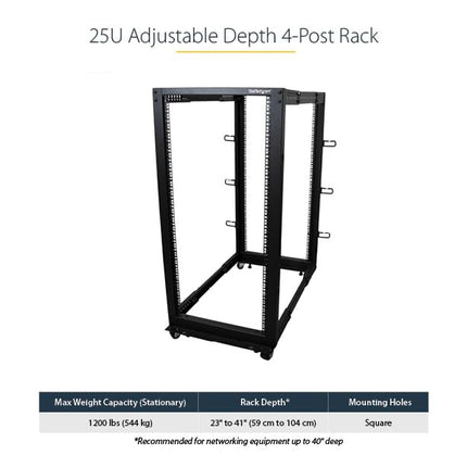 StarTech 25U 4-Post Open Frame Server Rack, 19in, 544kg/1200lb, Mobile