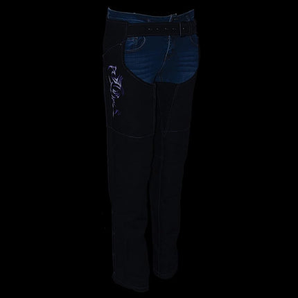Milwaukee Leather SH1182 Chaparreras de Moto de Piel Negra y Textil Morado con Bordado Tribal para Mujer - Talla XS