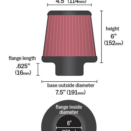 K&N Universal Clamp-On Air Filter: High Performance, Premium, Washable, Replacement Filter: Flange Diameter: 6 In, Filter Height: 6 In, Flange Length: 0.625 In, Shape: Round Tapered, RF-1048