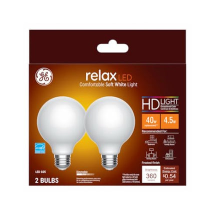 GE Lighting 31541 Bombilla con Acabado Esmerilado Relax HD LED Regulable Globo Decorativo G25 4.5 (Reemplazo de 40 Watts), 350 Lúmenes Base Mediana, Paquete de 2, Blanco, 2