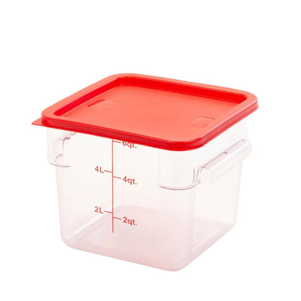 FSE Square Food Storage Container with Red Lid, 6 Quart, Polycarbonate, Reusable, Clear, NSF