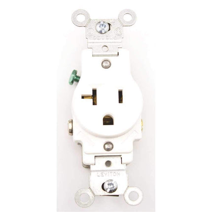 Leviton 5801-W, Prise simple à corps étroit, 20 A, 125 V, droite, qualité commerciale, avec mise à la terre, blanc