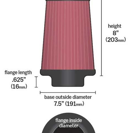 K&N Universal Clamp-On Air Filter: High Performance, Premium, Washable, Replacement Filter: Flange Diameter: 6 In, Filter Height: 8 In, Flange Length: 0.625 In, Shape: Round Tapered, RU-1044XD