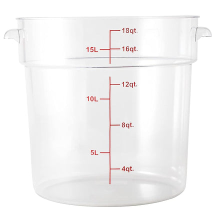 Restaurantware-Met Lux 18 Quart Food Storage Container, 1 Round Commercial Storage Container - Lid Sold Separately, with Volume Markers, Clear Plastic Food Prep Bucket, Space-Saving Storage