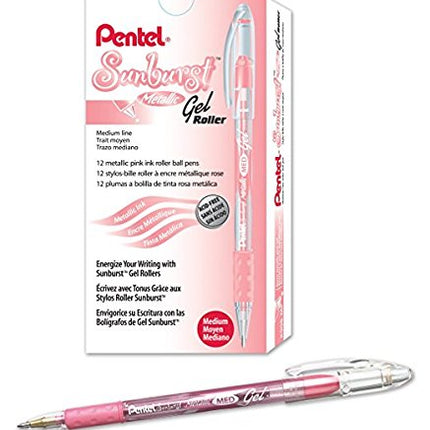 Pentel Sunburst Metallic Gel Pen, 0.8mm Tip Writes 0.4mm Line, Pink/Transparent Barrel Pink Ink, Box of 12 (K908-MP) by Pentel