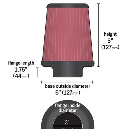 K&N Universal Clamp-On Air Filter: High Performance, Premium, Washable, Replacement Filter: Flange Diameter: 3 In, Filter Height: 5 In, Flange Length: 1.75 In, Shape: Round Tapered, RU-3870