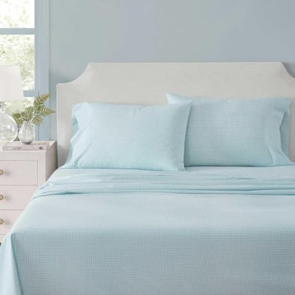 Martha Stewart - King Size Sheets Set, Crisp & Tailored Cooling Sheets w/a Naturally Smooth Cotton Percale Lightweight Feel - Bed Sheets with Matching Pillowcases & Fitted Sheet (Small Gingham Blue)
