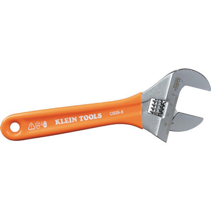 KLEIN TOOLS O5098 Adjustable Wrench, Extra-Wide Jaw, Forged Heat-Treated Alloy Steel, SAE and Metric Scales, Plastic-Dipped Handle, 8-Inch