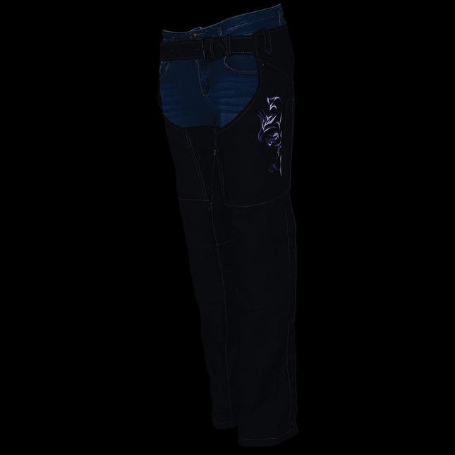 Milwaukee Leather SH1182 Women's Black with Purple Textile Motorcycle Riding Chaps with Tribal Embroidery - X-Small