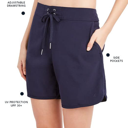 Nautica Women's Solid 4 1/2" Core Stretch Boardshort with Adjustable Waistband Cord, Deep Sea, X-Large