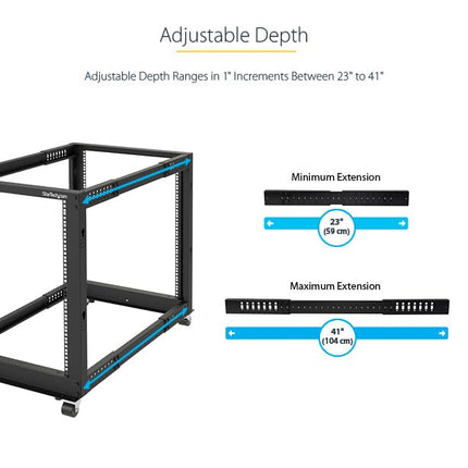 StarTech 25U 4-Post Open Frame Server Rack, 19in, 544kg/1200lb, Mobile