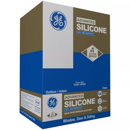 Sellador de Silicona Avanzado GE para Ventanas y Puertas, Transparente, Tubo de 2.8 fl oz, Paquete de 12 - Sellador de Silicona 100% Impermeable, 5 Veces Más Fuerte Adherencia, Resistente a la Congelación y al Sol