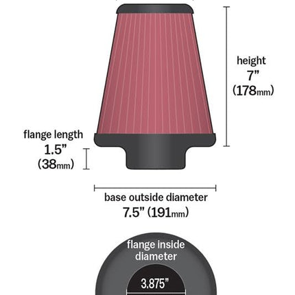 K&N Universal Clamp-On Air Filter: High Performance, Premium, Washable, Replacement Filter: Flange Diameter: 3.875 In, Filter Height: 7.0 In, Flange Length: 1.5 In, Shape: Round Tapered, RU-1029