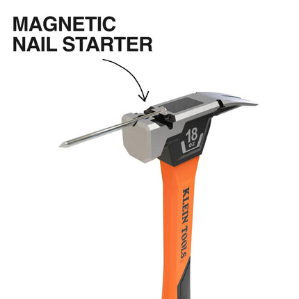 Klein Tools H80918 Smooth Face Fiberglass Hammer with Straight Claw, 18-Ounce Forged Steel, Magnetic Nail Starter, and Extra-Large Squared Strike Face
