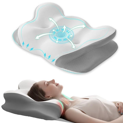 FUNCCUBE Cervical Neck Pillow - Memory Foam Pillows for Pain Relief Sleeping with Cooling Pillowcase, Ergonomic Contour Odorless Bed Pillow for Back Side Shoulder Stomach Sleeper, Queen White