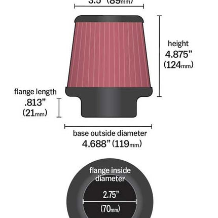 K&N Universal Clamp-On Air Filter: High Performance, Premium, Replacement Engine Filter: Flange Diameter: 2.75 In, Filter Height: 4.875 In, Flange Length: 0.8125 In, Shape: Round Tapered, RU-9350