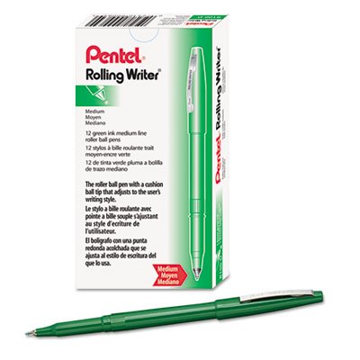 Pentel R100D Rolling Writer Stick Roller Ball Pen, 8mm, Green Barrel/Ink (Pack of 12)