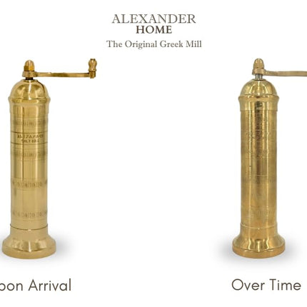 Alexander Home The Original Greek Salt Mill 8 Inch Tall | European Salt Mill Grinder with Crank Handle | Manual Salt Grinder | Salt Refillable - Brass