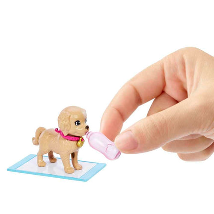 Barbie Doll and Accessories Pup Adoption Playset with Brunette Doll in Purple, 2 Puppies, Color-Change Animal and Pee Pad, Working Carrier and 10 Pieces