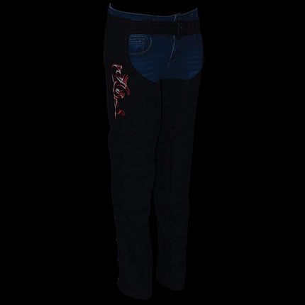 Milwaukee Leather SH1182 Women's Black with Red Textile Motorcycle Riding Chaps with Tribal Embroidery - 2X-Small