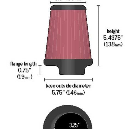 K&N Universal Clamp-On Air Filter: High Performance, Premium, Replacement Filter: Flange Diameter: 3.25 In, Filter Height: 5.4375 In, Flange Length: 0.78125 In, Shape: Round Tapered, RU-1637