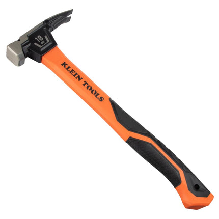 Klein Tools H80918 Smooth Face Fiberglass Hammer with Straight Claw, 18-Ounce Forged Steel, Magnetic Nail Starter, and Extra-Large Squared Strike Face