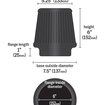K&N Universal Clamp-On Air Filter: High Performance, Premium, Washable, Replacement Filter: Flange Diameter: 6 In, Filter Height: 6 In, Flange Length: 1 In, Shape: Round Tapered, RU-3102HBK