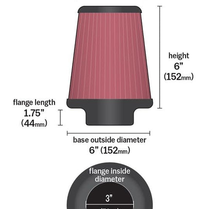 K&N Universal Clamp-On Air Filter: High Performance, Premium, Washable, Replacement Filter: Flange Diameter: 3 In, Filter Height: 6 In, Flange Length: 1.75 In, Shape: Round Tapered, RU-4180