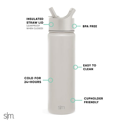Simple Modern Water Bottle with Straw Lid Vacuum Insulated Stainless Steel Metal Bottles | Reusable Leak Proof BPA-Free Flask for Gym, Travel, Sports | Summit Collection | 22oz, Almond Birch