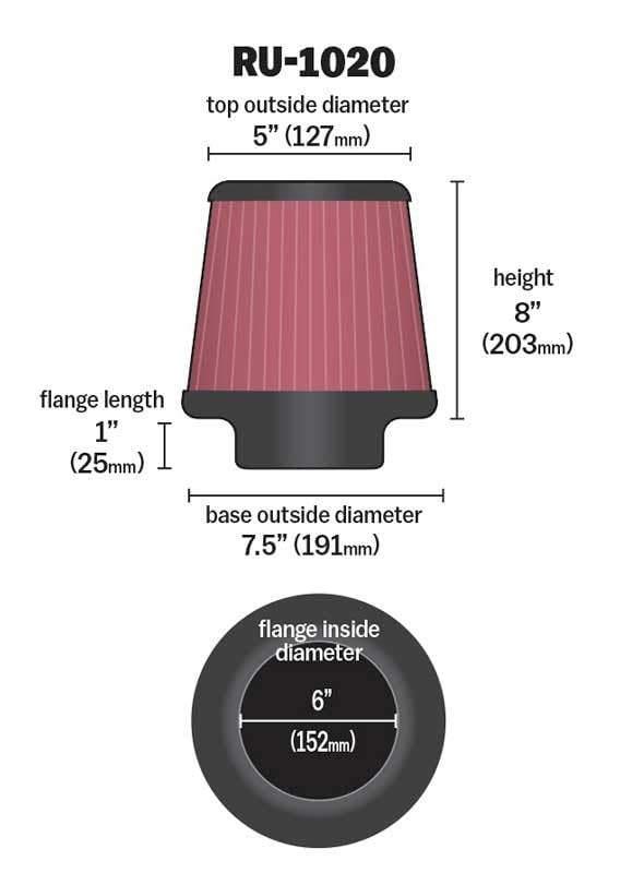 Conexión de filtro cónico universal K&N, 190 mm inferior, 152 mm superior, 203 mm de altura (RU-1020)