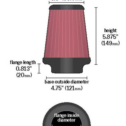 K&N Universal Clamp-On Air Filter: High Performance, Premium, Replacement Engine Filter: Flange Diameter: 2.75 In, Filter Height: 5.875 In, Flange Length: 0.8125 In, Shape: Round Tapered, RU-9310