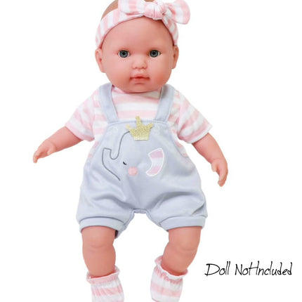 Berenguer Grey overall shorts with pink stripes, headband and booties.