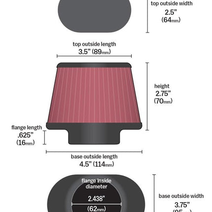 K&N Universal Clamp-On Air Filter: High Performance, Premium, Replacement Engine Filter: Flange Diameter: 2.4375 In, Filter Height: 2.75 In, Flange Length: 0.625 In, Shape: Oval Straight, RU-2780