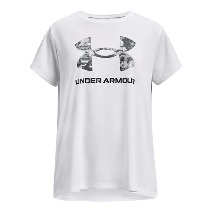 Under Armour Girls' Tech Solid Print Big Logo Short Sleeve Crew, (100) White / / Black, Small Plus