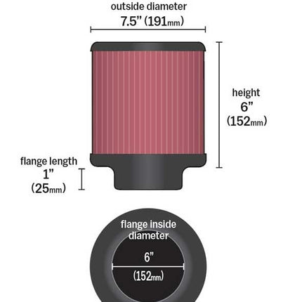 K&N Universal Clamp-On Air Filter: High Performance, Premium, Washable, Replacement Engine Filter: Flange Diameter: 6 In, Filter Height: 6 In, Flange Length: 1 In, Shape: Round, RU-3060