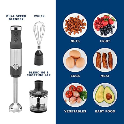 GE Immersion Hand Blender, 500 Watt High-Performance, 3-in-1 with Blend & Chop, Whisk & Chopping Jar Attachments, Dual Speed Immersion for Easy One-Handed Operation, Stainless Steel, G8H1AASSPSS