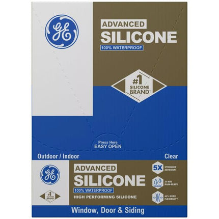 Sellador de Silicona Avanzado GE para Ventanas y Puertas, Transparente, Tubo de 2.8 fl oz, Paquete de 12 - Sellador de Silicona 100% Impermeable, 5 Veces Más Fuerte Adherencia, Resistente a la Congelación y al Sol