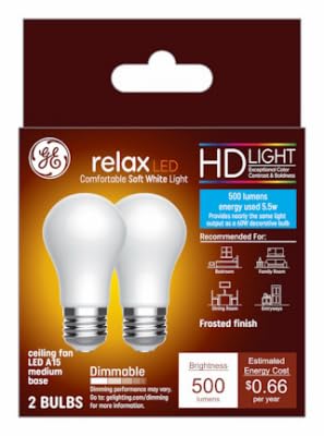 GE Relax LED Ceiling Fan Light Bulbs, 5.5 Watts (60 Watt Equivalent) Soft White HD Light, Frosted Finish, Medium Base, Dimmable (2 Pack)