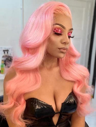 Xiweiya Long Pink Wavy Wig Synthetic Pink Wavy Lace Front Wigs Middle Part Wig Long Soft Wig Hair Replacement Wig for Women, Drag Queen Makeup 24 inch
