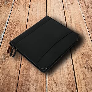 Leather Business Portfolio Padfolio Document Organizer with Writing Pad Resume Professional Interview Zipper Writing Notepad Folder for Men Women (Black)