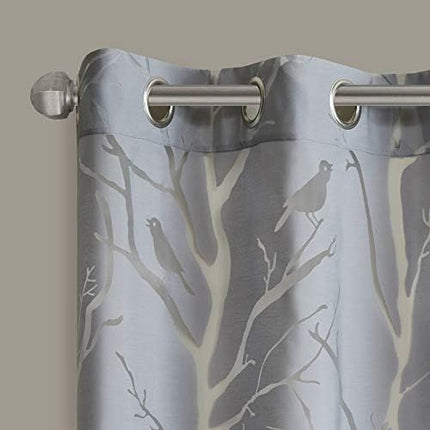 Madison Park Semi Sheer Curtain Modern Contemporary Botanical Print Out Design, Grommet Top, Single Window Drape for Living Room, Bedroom and Dorm, 50x63", Bird Grey